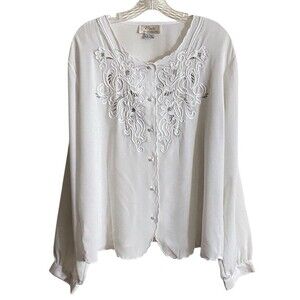 Vintage Voir Collection White Embroidered Blouse Scallop Faux Pearl Buttons 22W